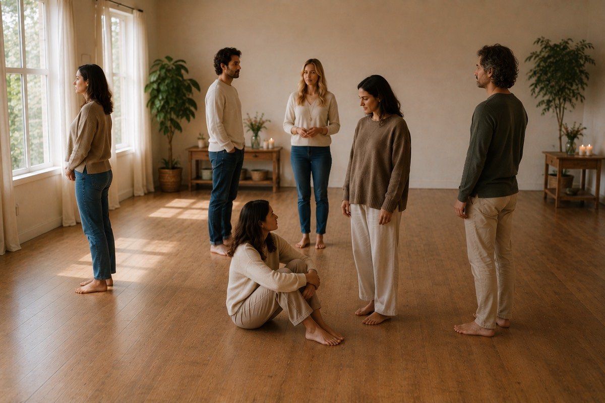 Participants standing in a Family Constellations workshop during a guided group session