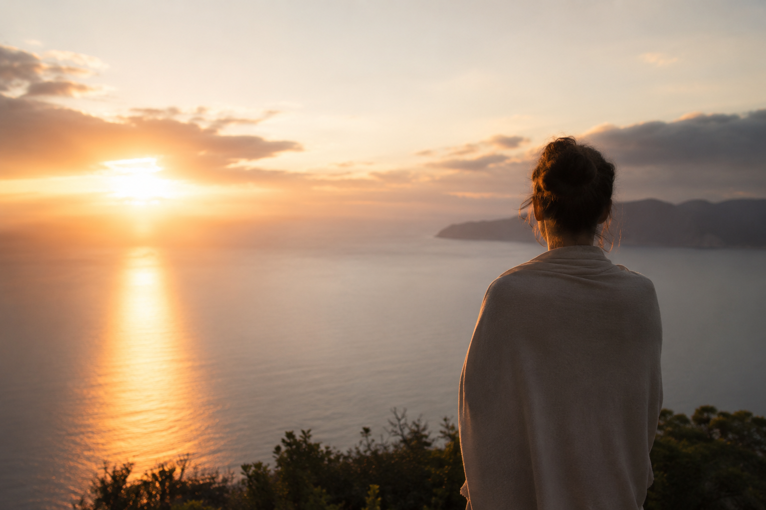 A contemplative moment by the sea at sunset