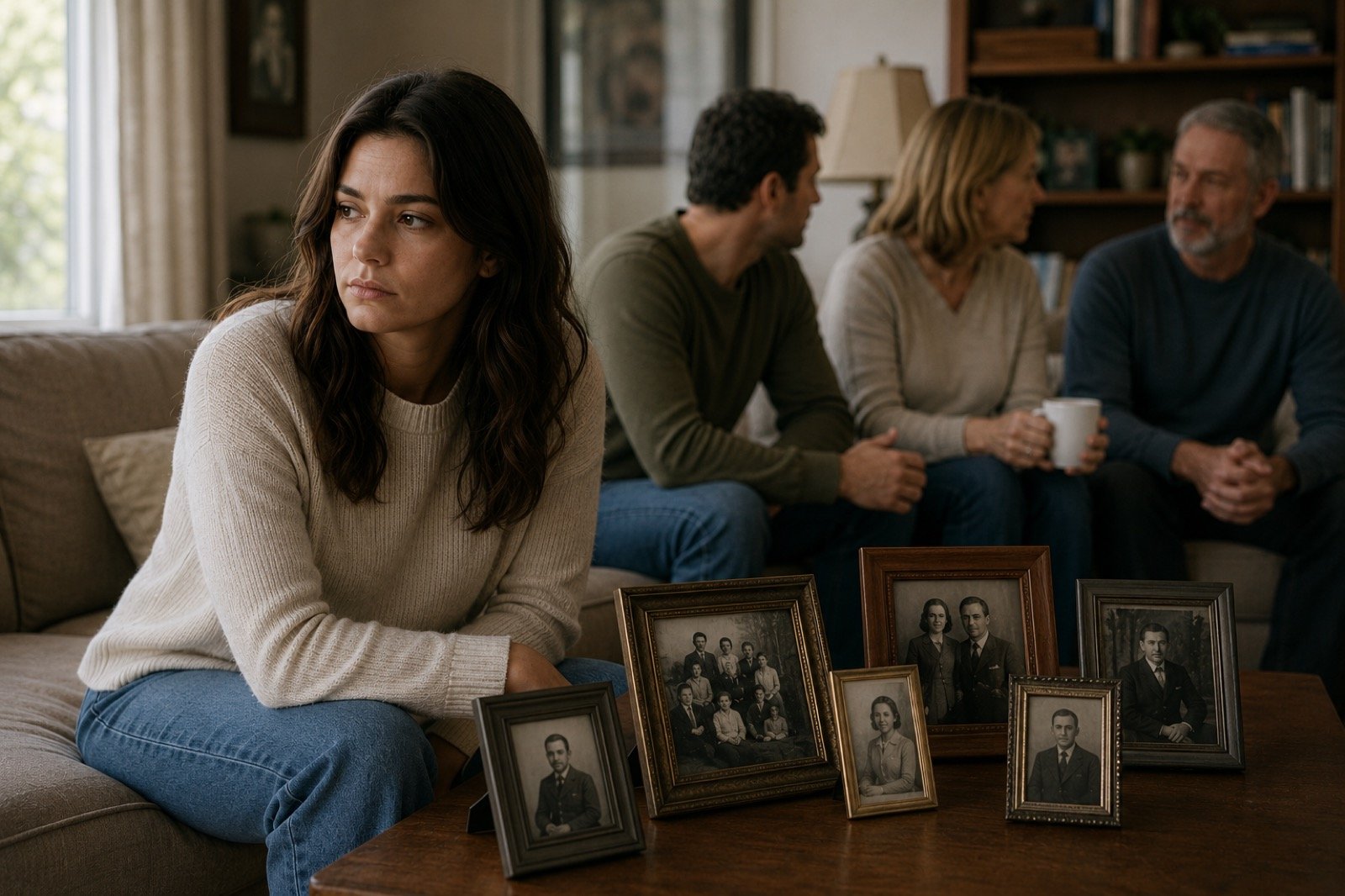 Woman carrying the weight of generational patterns while family members and ancestral photos sit behind her
