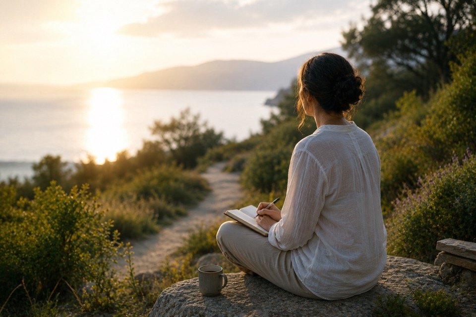 Woman journaling by the coast at sunset, reflecting on a spiritual coaching journey